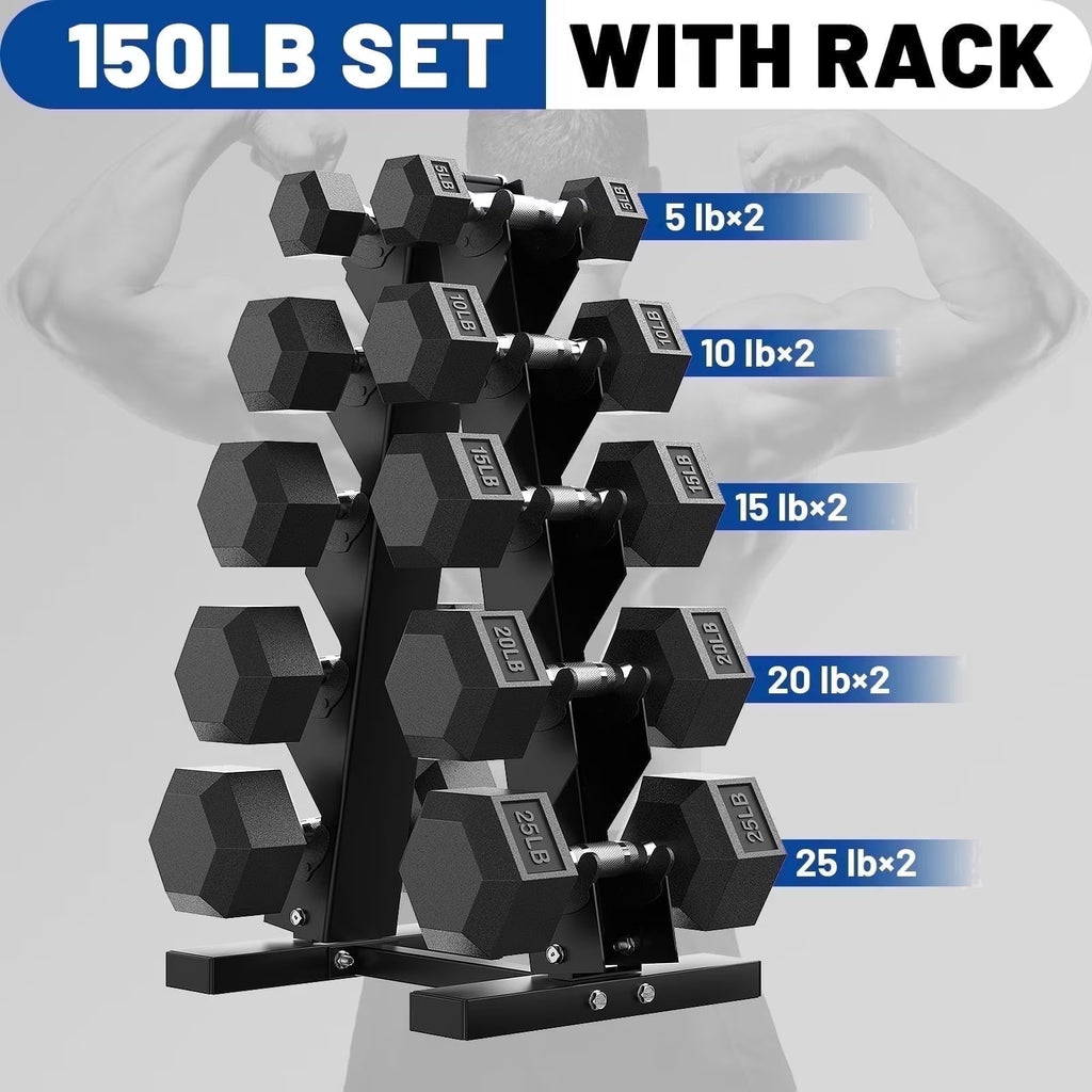 ROALW 150 lb Hex Dumbbell Set with Storage Rack, 5/10/15/20/25 lb Pairs Anti-Roll Cast Iron Free Weights for Home Gym