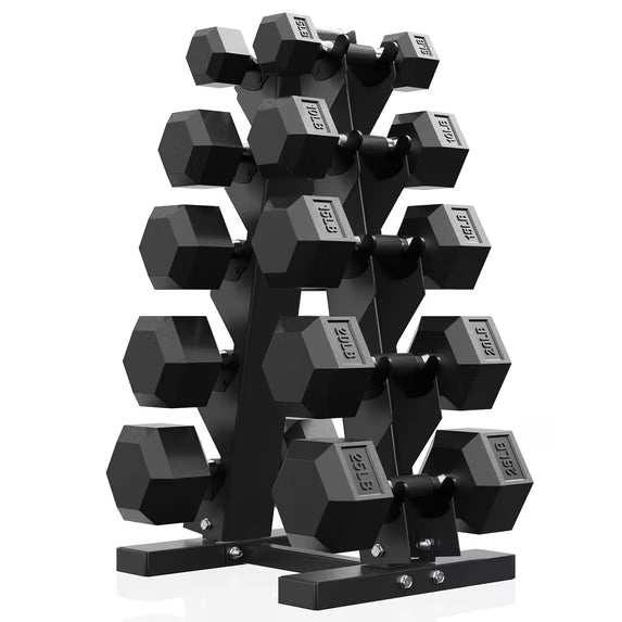ROALW 150LB Rubber Coated Hex Dumbbell Set with Rack, 5-25LB Pairs Home Gym