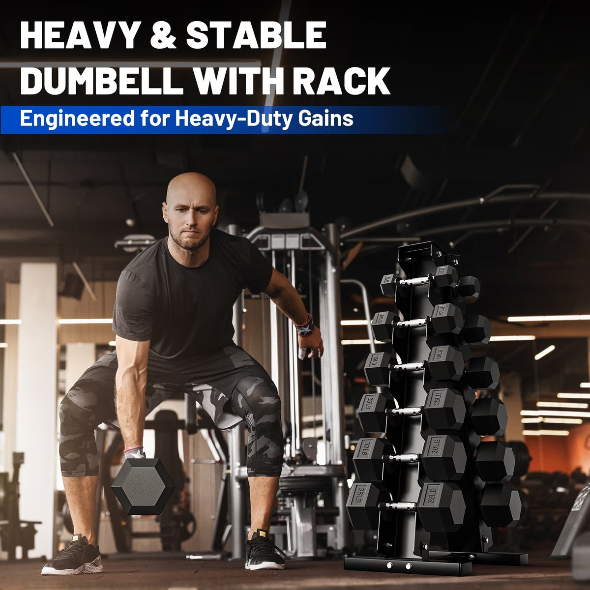 ROALW 195 lb Rubber Hex Dumbbell Set with Rack(12.5-25 lb Pairs), Home Gym