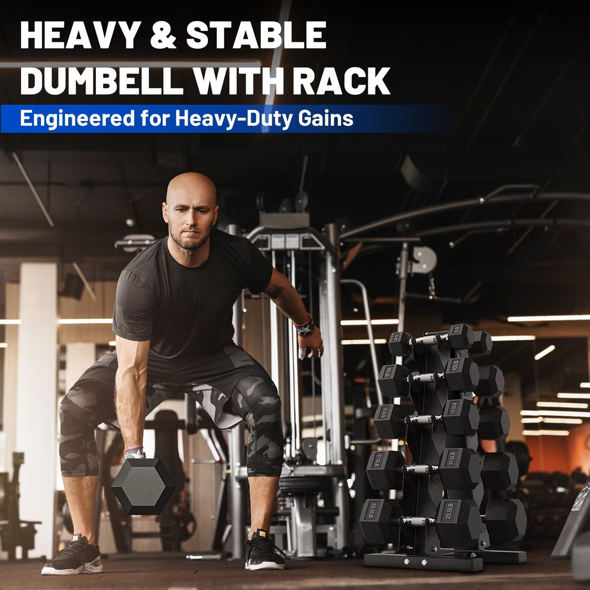 ROALW 210 lb Hex Dumbbell Set with Storage Rack, 10/15/20/25/35 lb Pairs Anti-Roll Cast Iron Free Weights for Home Gym