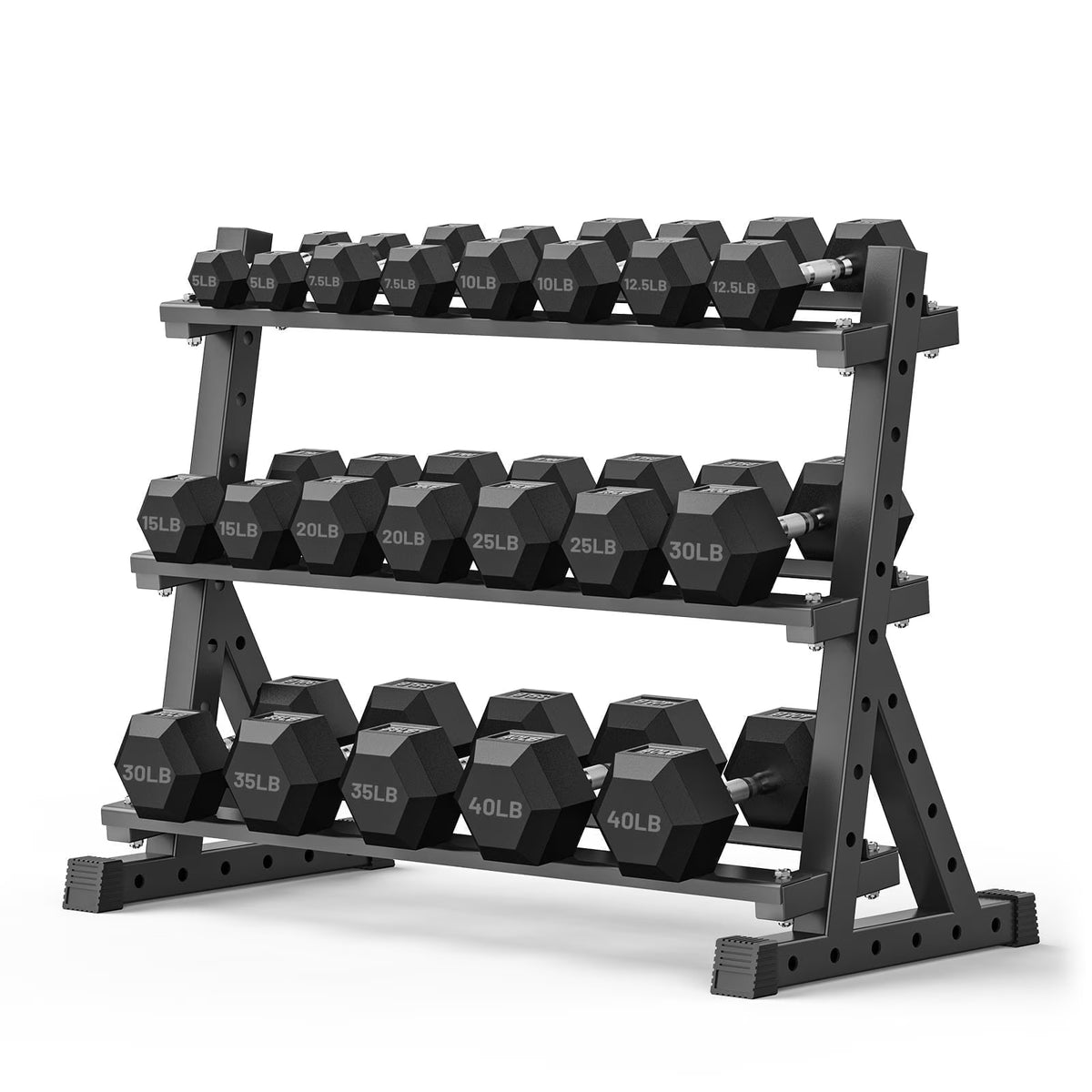 ROALW 440 lb Rubber Hex Dumbbell Set with Rack(11 Pairs, 5-50 lb), Home Gym